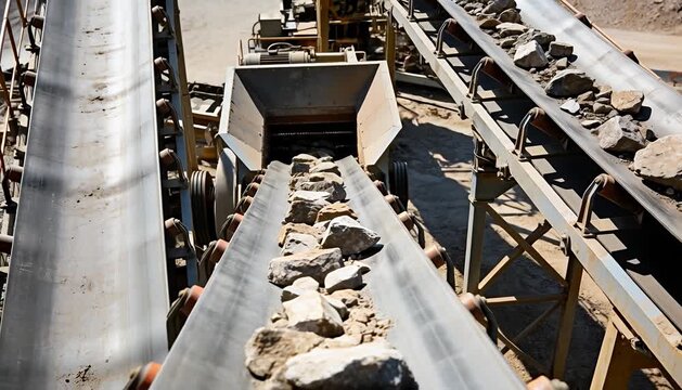 Conveyor belts moving rocks at quarry crushing site for aggregate production conveyor belt, rock.