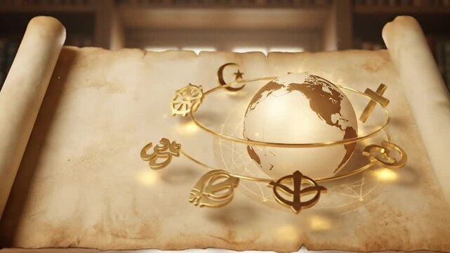 An evocative digital animation features a translucent, glowing globe at its core, encircled by an elegant golden ring from which revered sacred symbols of diverse global beliefs gracefully revolve. Se