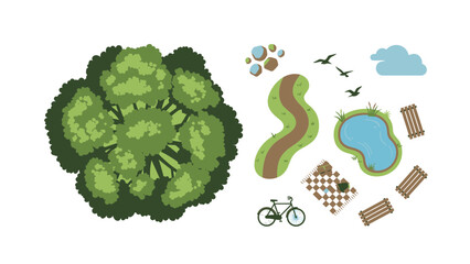 Illustrative top-down collection of park amenities and a large tree for landscape design projects
