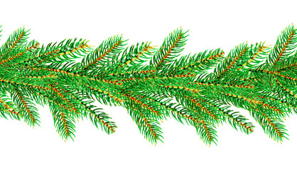 Seamless pine garland horizontal border isolated on transparent png background for christmas design