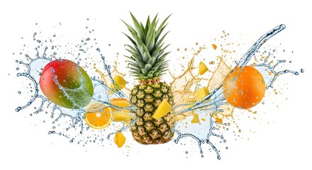 Refreshing Tropical Fruit Splash on White Background &ndash; High-Speed Fresh Food Burst
