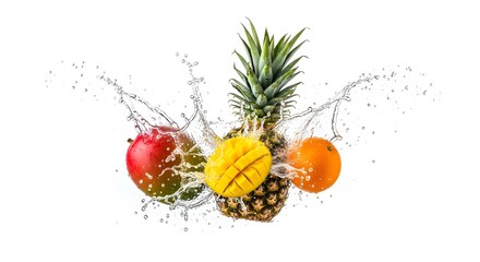 Refreshing Tropical Fruit Splash on White Background &ndash; High-Speed Fresh Food Burst