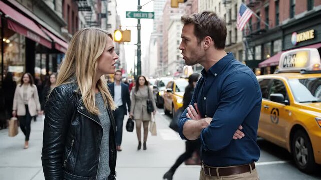 Tense Couple Argument in New York City Street - A frustrated woman confronts a man with crossed arms during a tense disagreement on a busy city street in New York City.