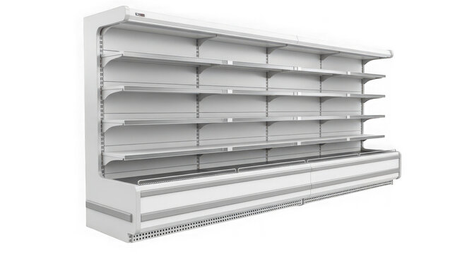 Commercial multideck refrigerated display case for supermarket or grocery store isolated on transparent background