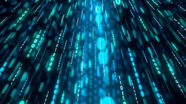 Digital Data Stream: A mesmerizing display of binary code cascading downwards in a vibrant, futuristic flow, suggesting the rapid transfer of information within the digital realm. 