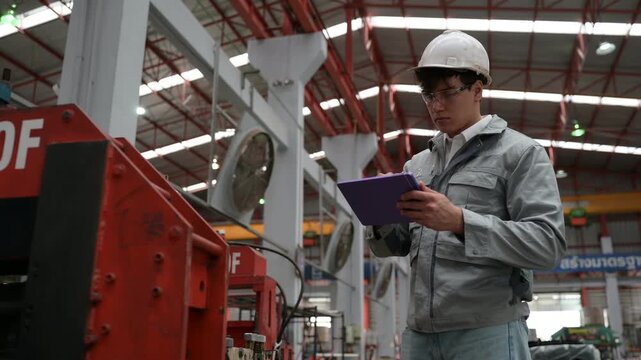 Industrial machine operator wearing safety helmet controlling automated conveyor belt system at control panel in manufacturing factory production line for automation industry concept.