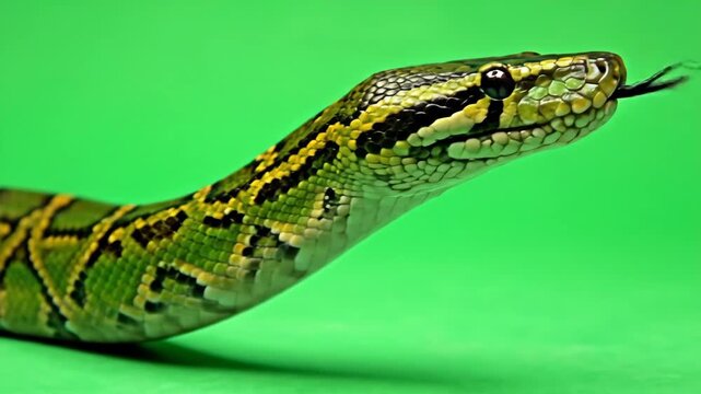 Diamond Python on Green Screen - Close-up shot of a diamond python featuring green, yellow, and black striped patterns against a vibrant green background.