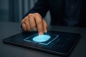 Biometric Authentication: A close-up view highlights a hand delicately placing a finger onto a tablet screen, activating a futuristic fingerprint scanner for secure identification.