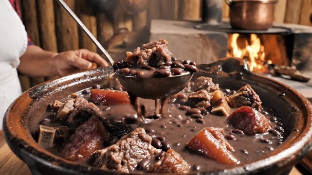 Hearty Feijoada being Stirred in Kitchen - A close-up shot shows a large pot of feijoada, a black bean stew, being stirred with a metal ladle in a rustic kitchen.