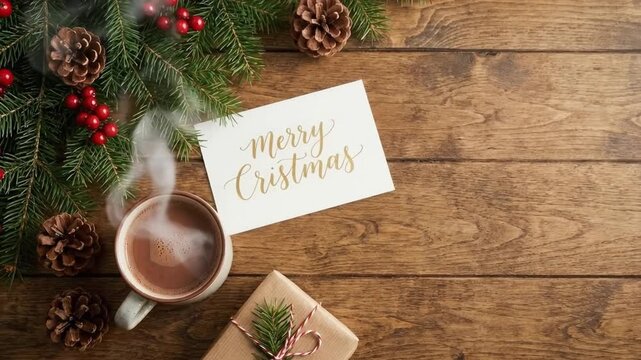 An overhead flat lay captures a quintessential winter holiday scene arranged on a rich, rustic wooden background. Lush evergreen branches, adorned with vibrant red berries and natural pinecones, elega
