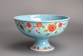 Light blue ceramic bowl, pedestal base, floral & fruit motifs, whimsical design, ceramic bowl,  background