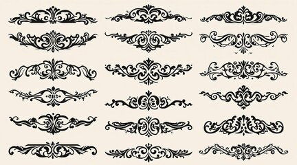 This image features a set of ornamental vector design elements in a classic or vintage style. The central piece is an elaborate rectangular frame decorated with Baroque or Victorian-style scrollwork.