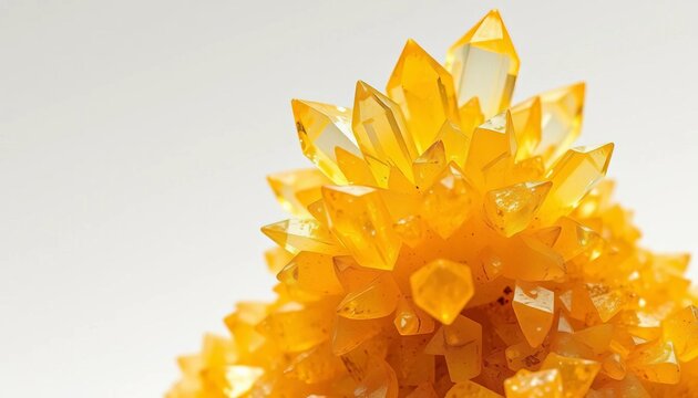 Intricate, vibrant yellow citrine cluster, sharp points, close-up, white background,  yellow,  color
