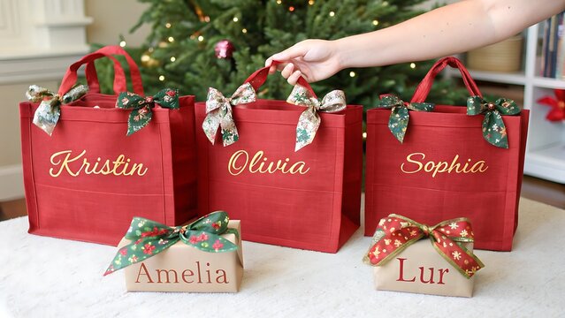 Three personalized red christmas gift bags and two small presents isolated on white background