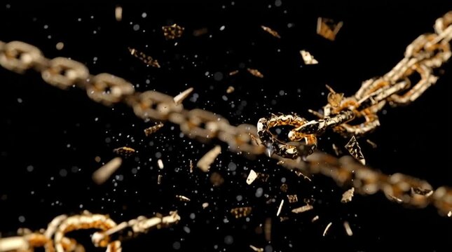 Breaking Free: A powerful image of a golden chain shattering into pieces, symbolizing liberation from constraints and the dawn of new possibilities.