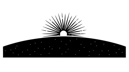 Black silhouette of a hill with radiating lines above and small dots scattered across the surface area