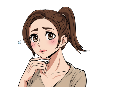 Anime woman with brown ponytail looking worried with hand on chin Keywords: anime, woman, girl isolated on a transparent background - Powered by Adobe