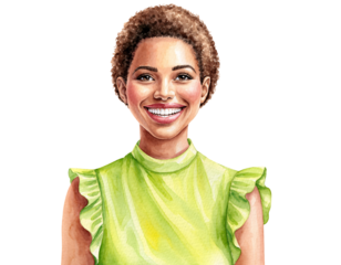 Smiling Woman with Short Curly Hair in Green Top female happy isolated on a transparent background