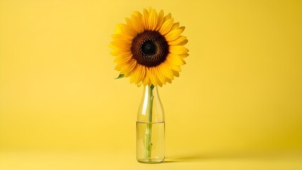 Bright yellow sunflower blossom in a glass vase, capturing the beauty of a summer floral plant isolated on white