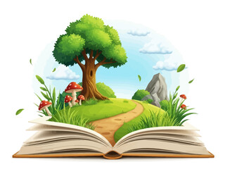 Fantasy Open Book Illustration with Magical Landscape | Kids Nature Vector Art