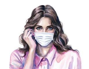 Woman with wavy brown hair wearing a medical face mask female medical mask isolated on a transparent background