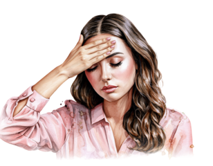 Woman with brown wavy hair holding forehead in distress female headache isolated on a transparent background
