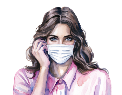 Woman with wavy brown hair wearing a medical face mask female medical mask isolated on a transparent background - Powered by Adobe