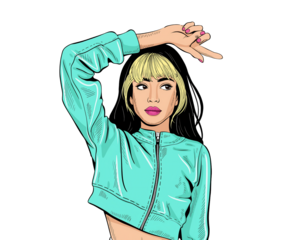 Woman with blonde bangs in a turquoise jacket striking a pose bomber jacket isolated on a transparent background