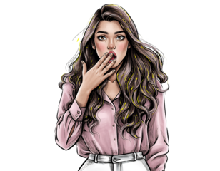 Surprised woman with long wavy hair and pink shirt gasping shocked amazement isolated on a transparent background