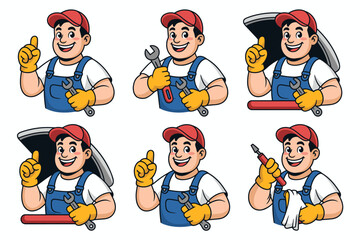 Friendly cartoon technician or mechanic service mascot smiling in blue overalls and red cap holding various tools like a wrench, offering cheerful quality maintenance and repair solutions; professiona