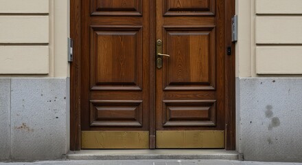 A detailed shot of an exterior wooden entrance door, featuring classic paneling and a durable frame leading into a structure ,residence ,outside ,welcome