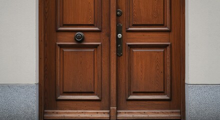 Fototapeta premium A detailed shot of an exterior wooden entrance door, featuring classic paneling and a durable frame leading into a structure ,wood ,building ,security