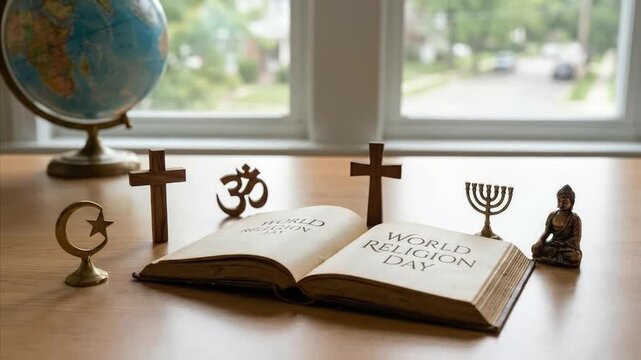 This contemplative shot features an open book displaying "World Religion Day" amidst a thoughtful arrangement of diverse religious symbols on a wooden desk. Prominently visible are a Christian cross,  - Powered by Adobe