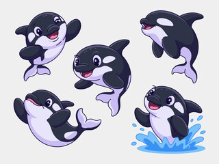 A collection of adorable cartoon orca whales smiling and swimming happily, featuring cute baby killer whale mascots jumping out of the ocean water in a vibrant, playful vector illustration graphic res