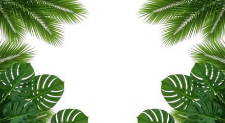 Tropical green leaves border frame isolated on transparent background