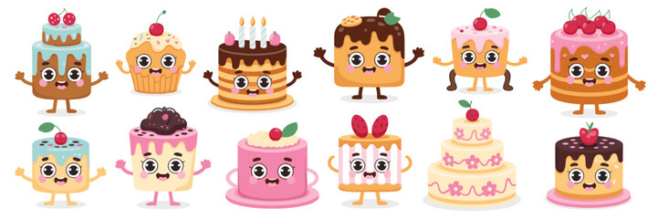 Adorable cartoon cake characters set, featuring cheerful birthday, wedding, and cupcake mascots with frosting, eyes, and arms, a playful vector illustration collection ideal for children's parties, sw