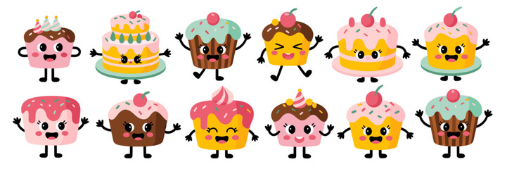 A cheerful collection of cute cartoon sweet dessert characters, featuring happy birthday cakes, frosted cupcakes, and joyful chocolate muffins, perfect vector illustration graphics for children's part