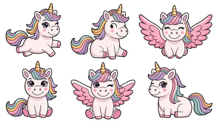 Adorable cartoon baby unicorn and little winged pegasus collection, featuring various playful poses, vector illustration with pastel rainbow mane and golden horn, sweet mythical fantasy creatures grap