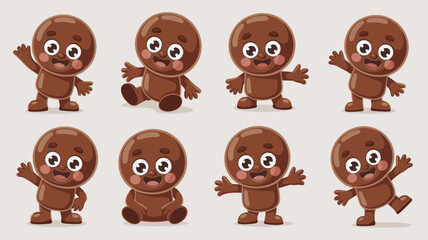 Adorable dark brown chocolate candy mascot characters vector illustration set posing happily, smiling, waving, sitting, and running for confectionery marketing, education, and cheerful website design