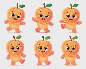Fototapeta premium Cute cartoon peach characters happily walking, posing, and smiling, showcasing cheerful and friendly fruit mascots, perfect vector illustration set for healthy food advertisements, kid-friendly educat