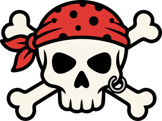 Pirate Skull and Crossbones with Red Bandana Cartoon Emblem