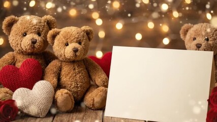 This heartwarming scene features an arrangement of adorable, soft brown teddy bears nestled amongst cozy knitted hearts in shades of red and cream, and a vibrant red rose, all resting on a textured wo