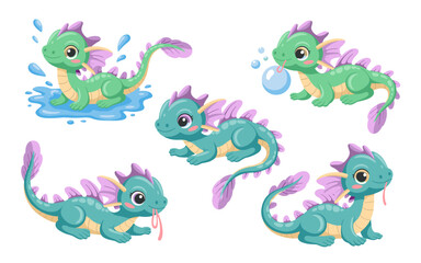 Obraz premium Adorable baby dragon cartoon illustration set collection featuring various playful mythical water creatures splashing, crawling, and blowing bubbles, perfect for children's graphics, fantasy, storyboo