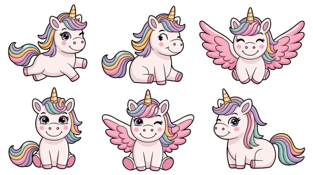 Adorable cartoon baby unicorn and little winged pegasus collection, featuring various playful poses, vector illustration with pastel rainbow mane and golden horn, sweet mythical fantasy creatures grap