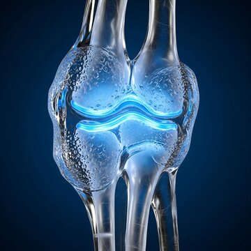 A human hand joint (metacarpophalangeal) showing severe symmetrical swelling, joint space narrowing, and bony erosions, symbolizing Rheumatoid Arthritis (RA), in a dramatic ice sculpture aesthetic, 