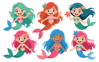 Six cheerful smiling diverse cartoon mermaids floating and waving with colorful hair and fish tails, holding starfish accessories, isolated graphic resources ideal elements for children's fantasy book