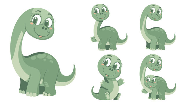 Cute cartoon friendly dinosaur character set featuring adorable green sauropod mother and baby animals, smiling brightly, isolated vector illustration perfect for playful children's education, apparel