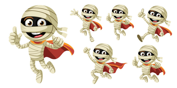 Cute and friendly cartoon superhero mummy character set wearing a flowing red cape, dynamically running and jumping while giving a positive thumbs-up sign, cheerful vector illustration collection for