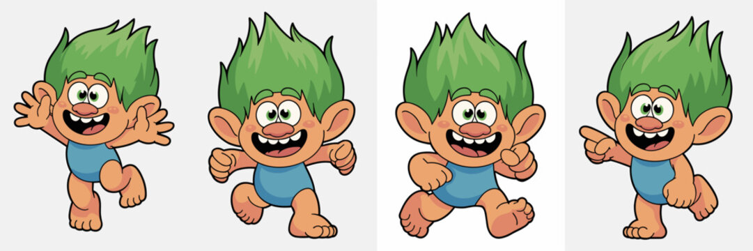 Cheerful and energetic baby troll creature character vector animation sequence featuring multiple poses including joyful running, jumping, waving, and pointing, a cute mythical cartoon graphic resourc