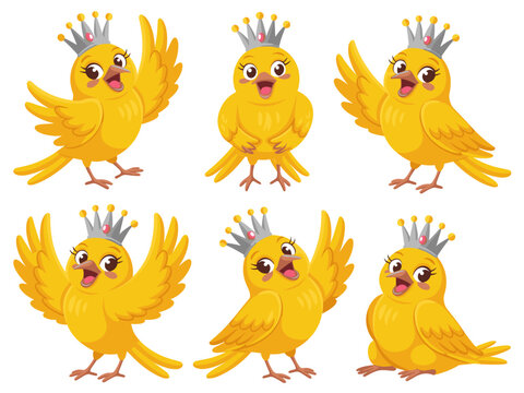 Six distinct poses of a happy, cute yellow cartoon canary bird character wearing a princess crown, cheering and singing joyfully; an adorable royal mascot vector illustration set perfect for children'